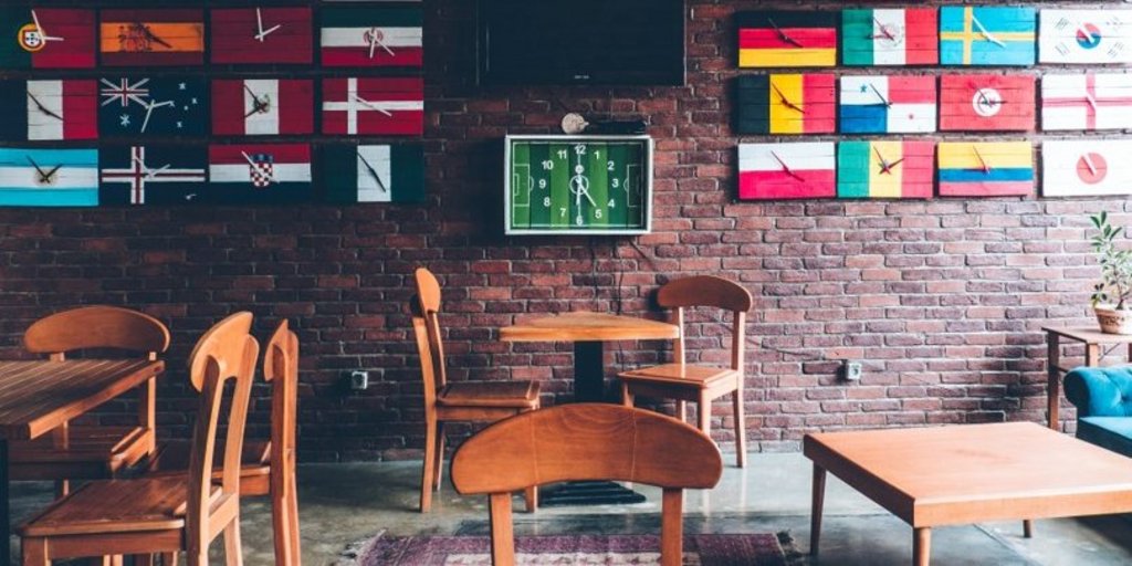 Wall with flags and clocks